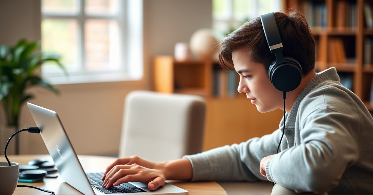 Student taking a digital SAT practice test on a laptop with headphones