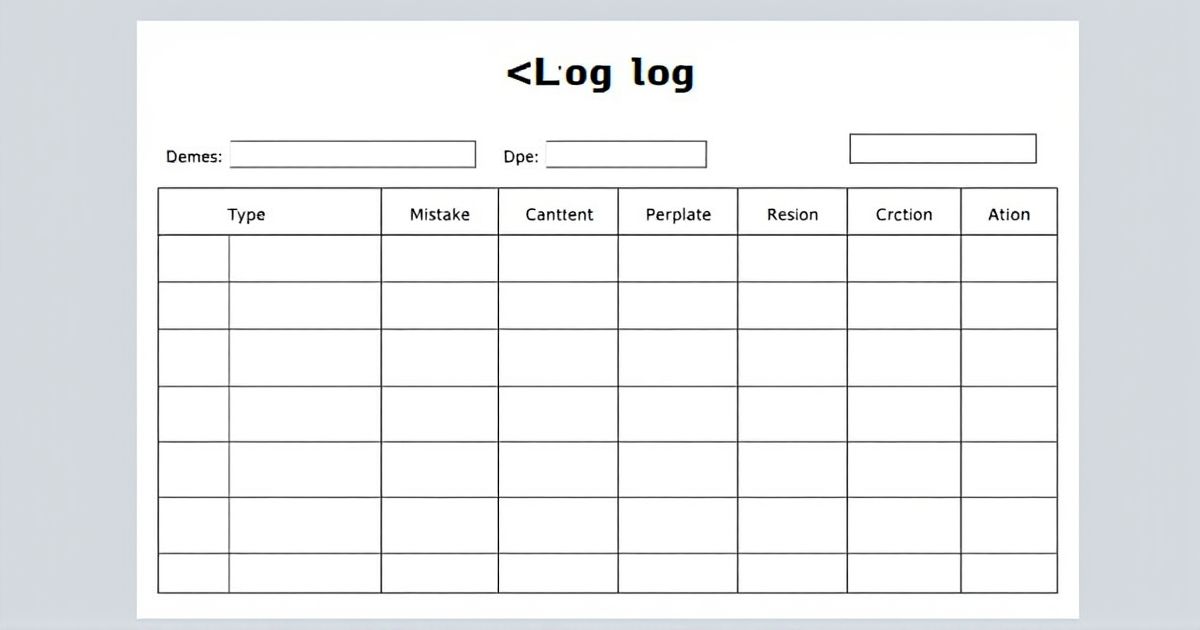 Error log template with columns for question type, mistake reason, and corrective action