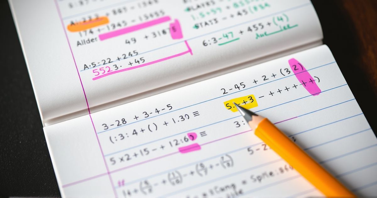 A close-up of a student's notebook showing annotated SAT math problems with different colored highlights marking patterns and strategies