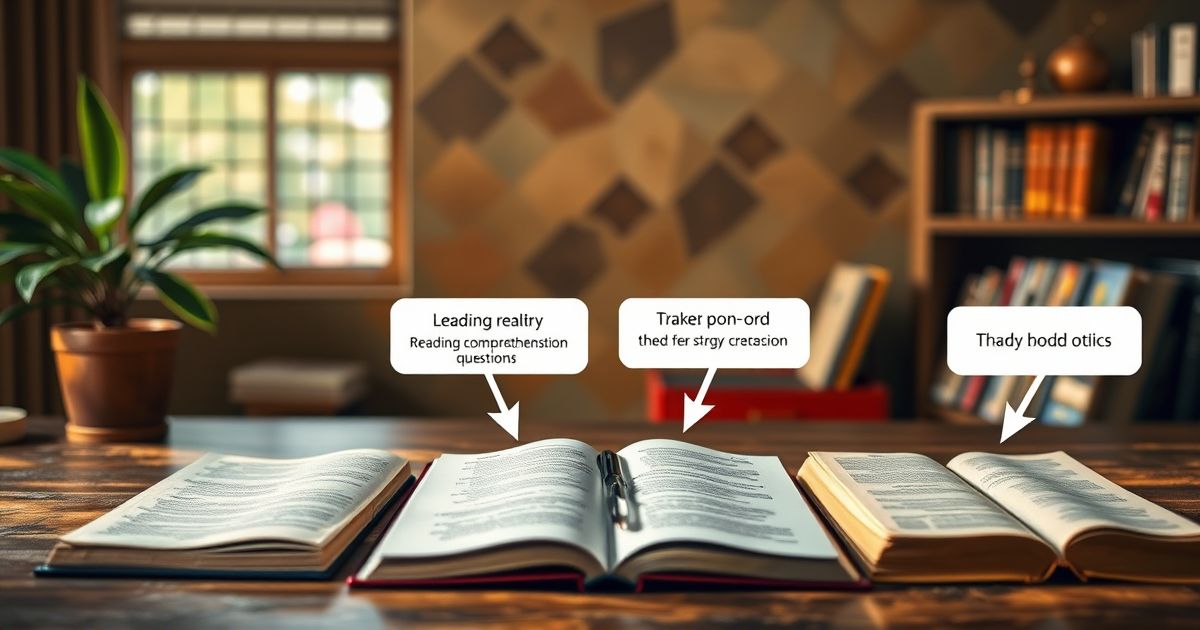 A diagram showing the different types of reading comprehension questions with arrows pointing to specific strategies for each type