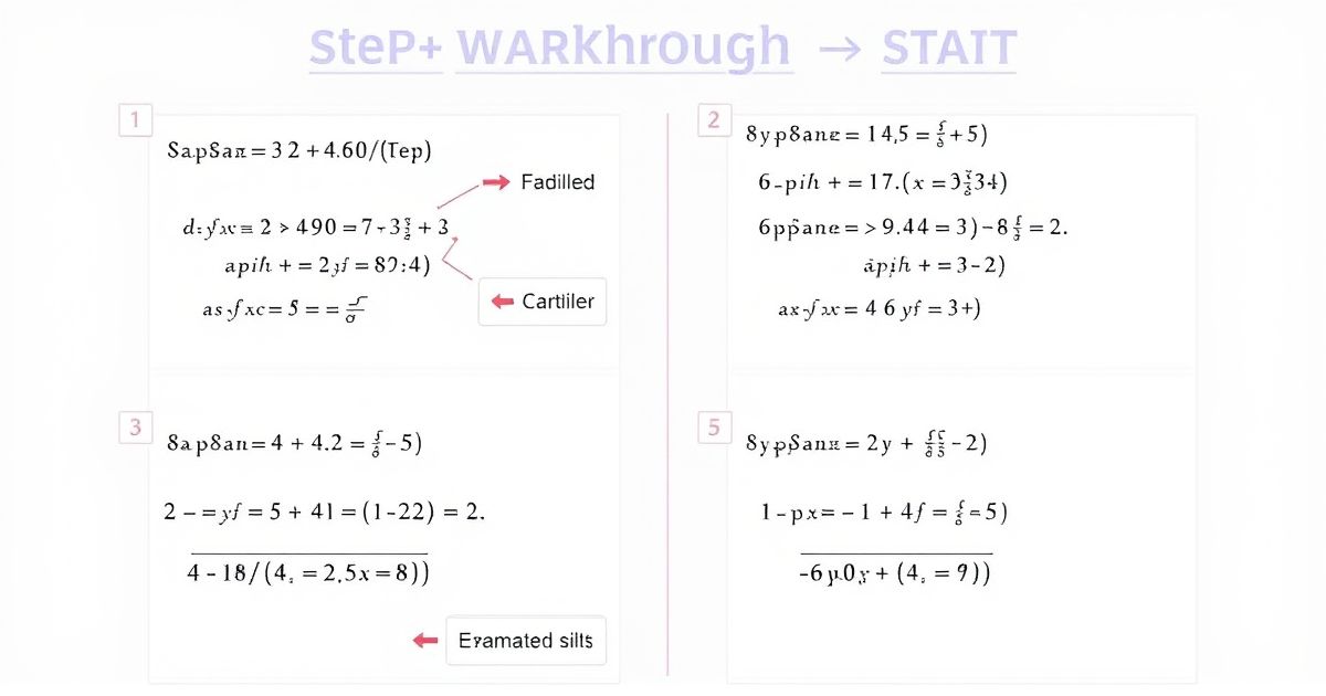 A step-by-step walkthrough of a complex SAT math problem showing the four-step process with annotations