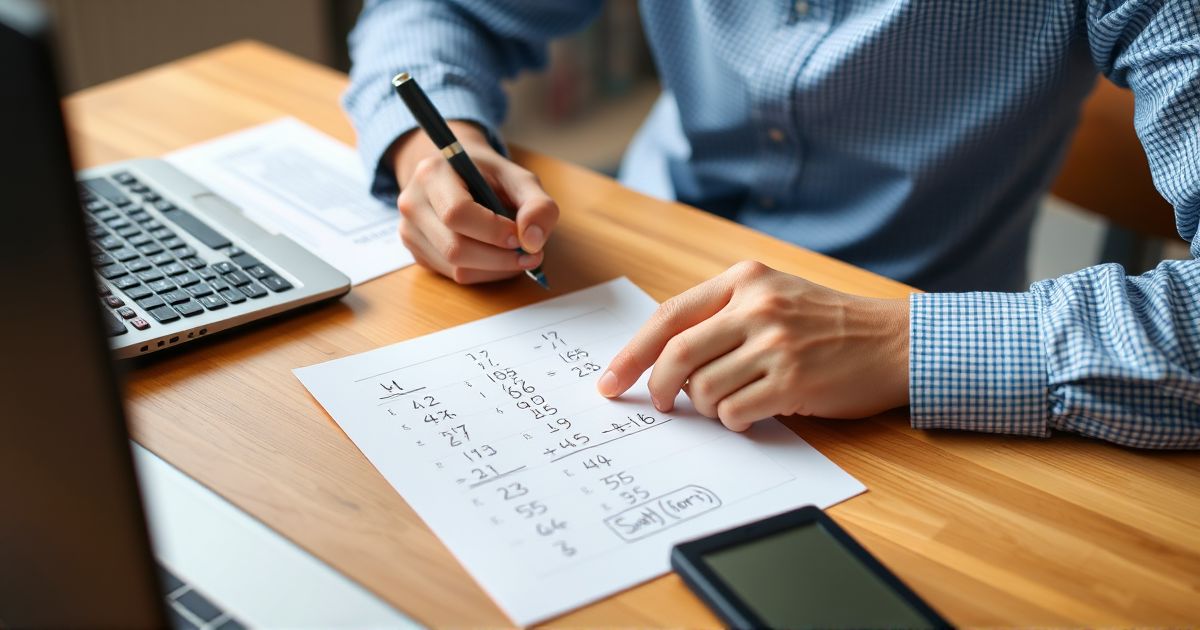 Student solving SAT Math problems at a desk with scratch paper and calculator